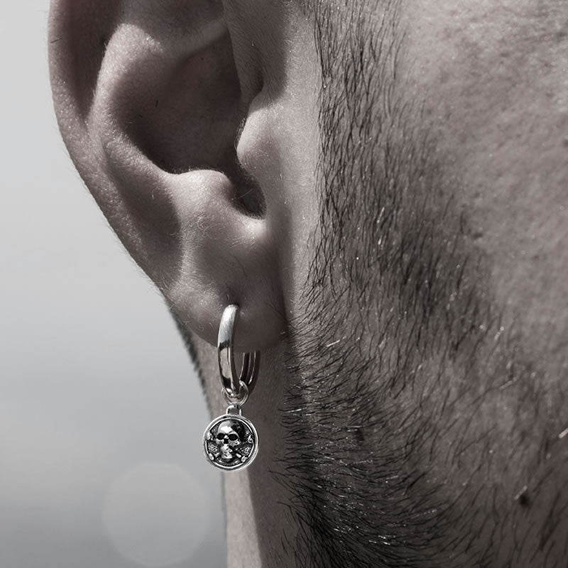 Sterling Silver Single Skull Hoop Earring
