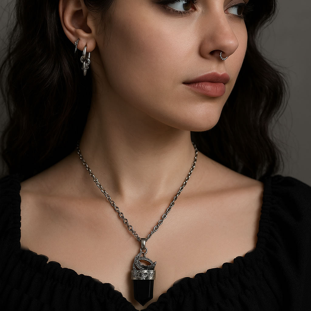 Black Obsidian Skull Moon Crystal Point Necklace