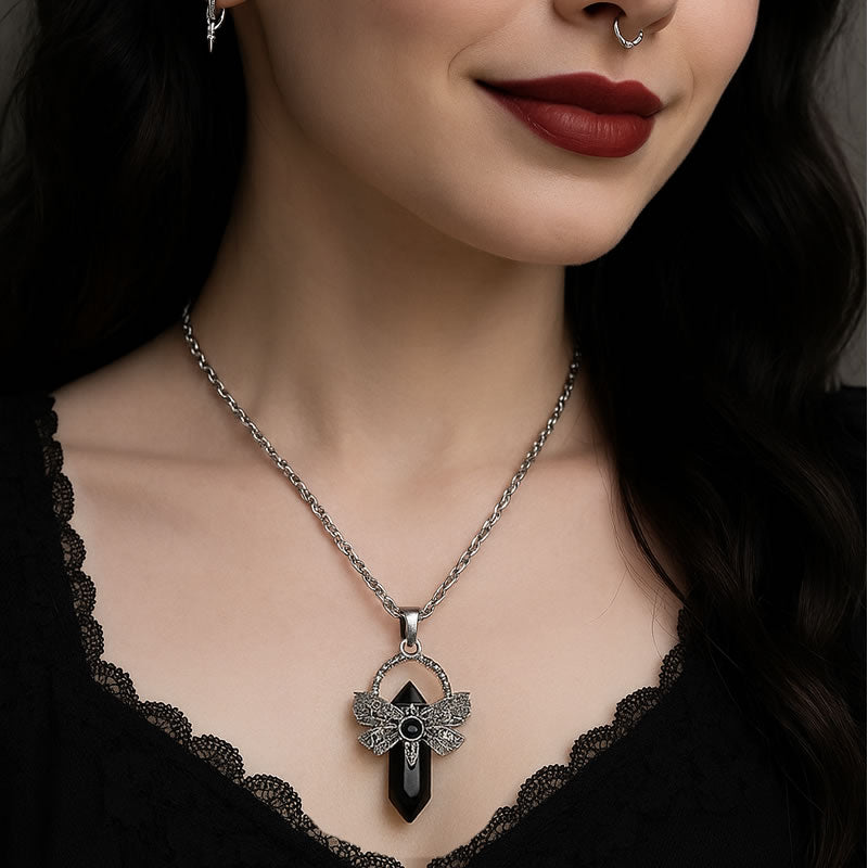 Black Obsidian Moth Crystal Point Necklace