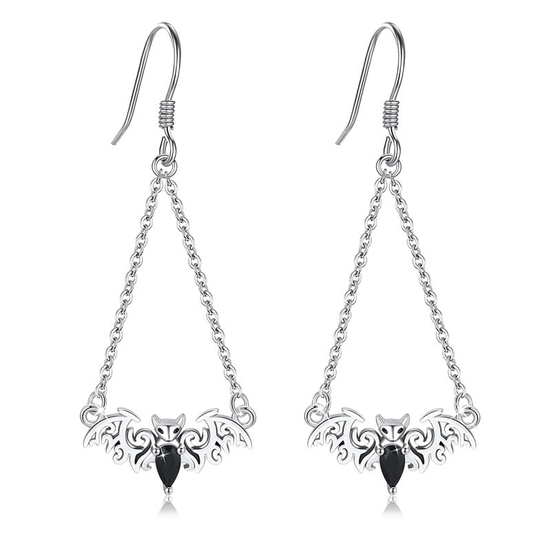 Silver Bat Chandelier Drop Earrings