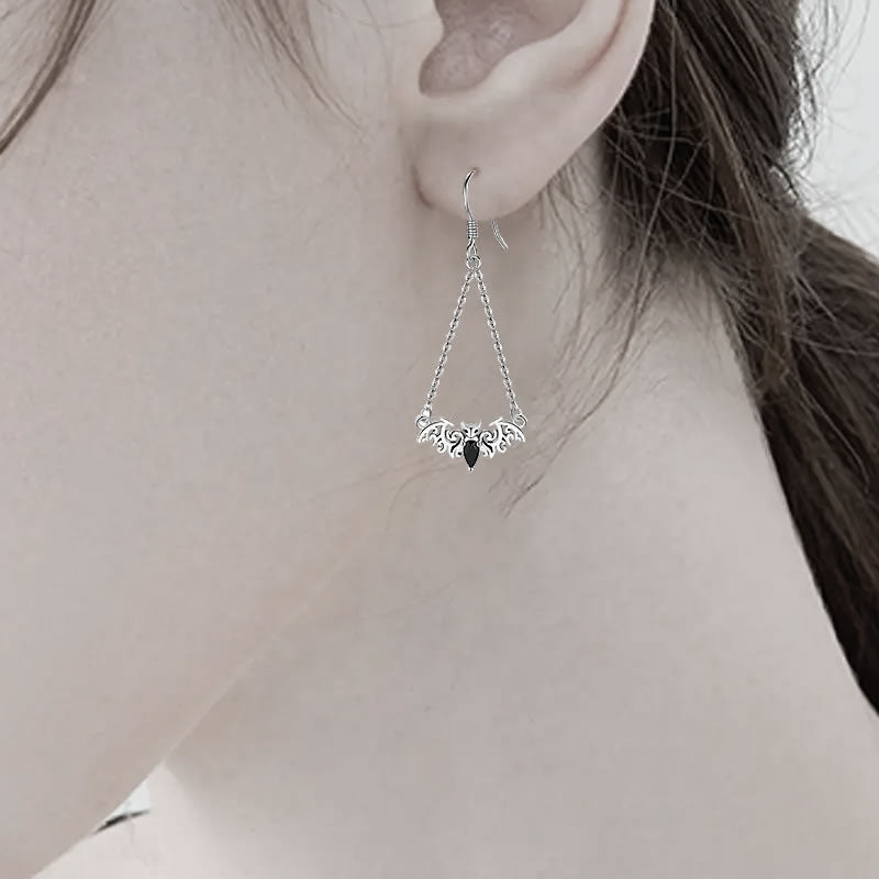 Silver Bat Chandelier Drop Earrings