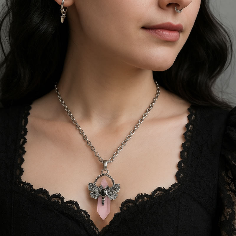 Rose Quartz Moth Crystal Point Necklace