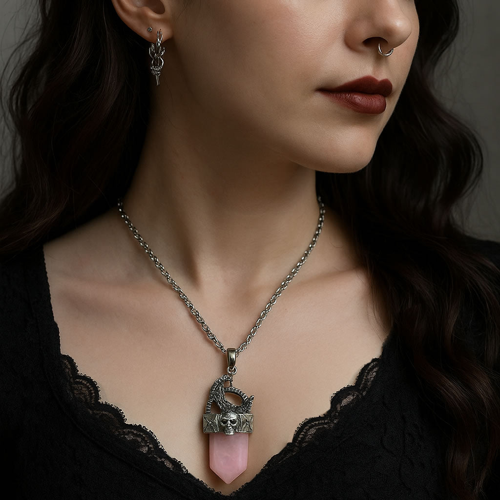 Rose Quartz Skull Moon Crystal Point Necklace