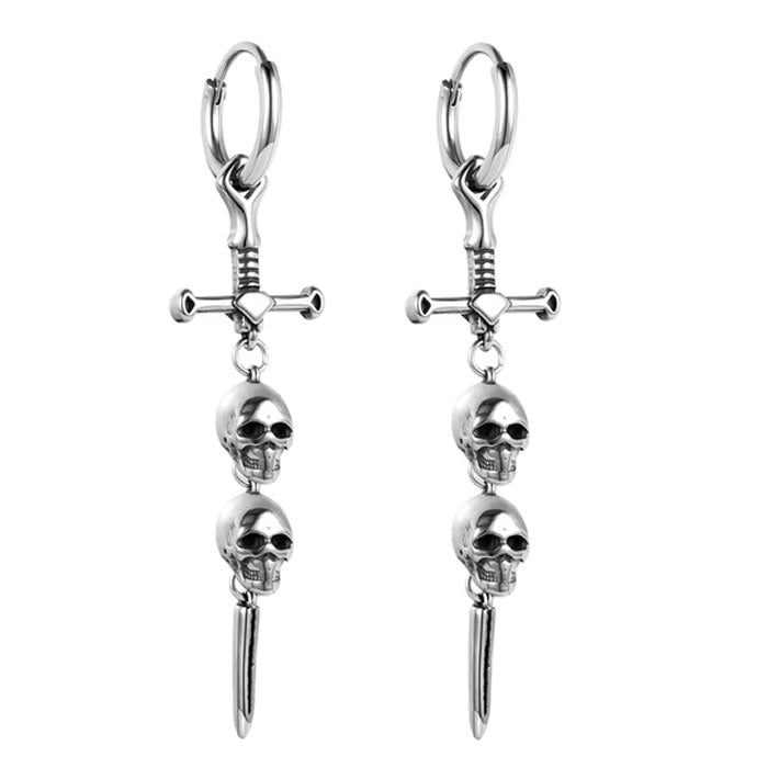 Stainless Steel Skull Sword Drop Earrings