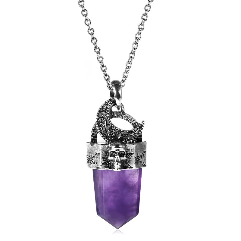 Amethyst Skull Moon Crystal Point Necklace