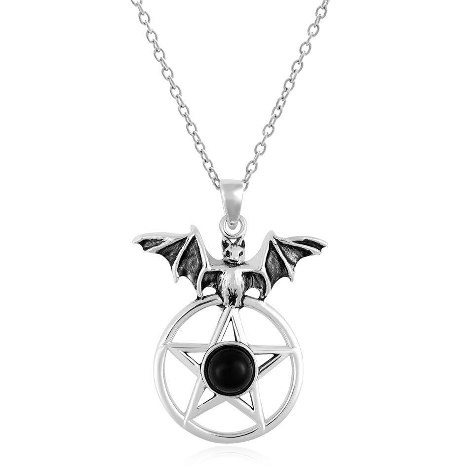 Silver Black Onyx Bat Pentacle Necklace