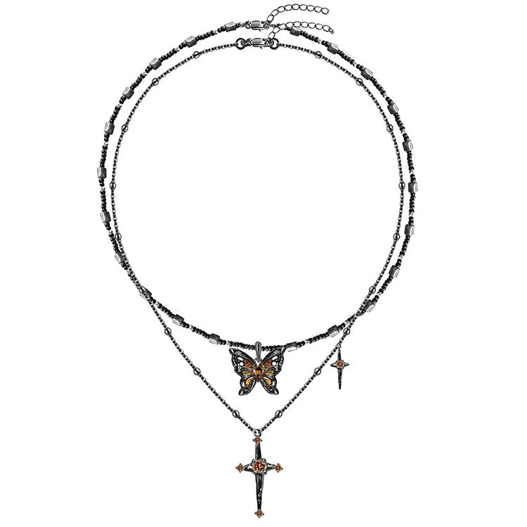 Monarch Black Cross Two Layer Chain Necklace