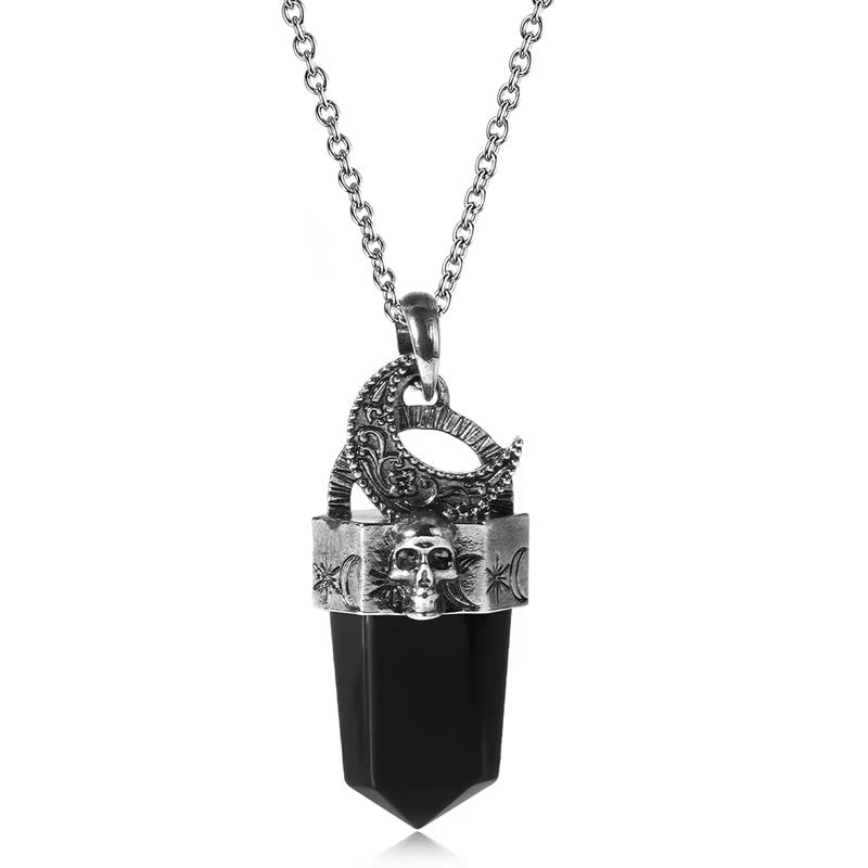 Black Obsidian Skull Moon Crystal Point Necklace