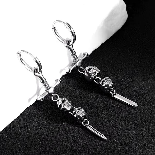 Stainless Steel Skull Sword Drop Earrings