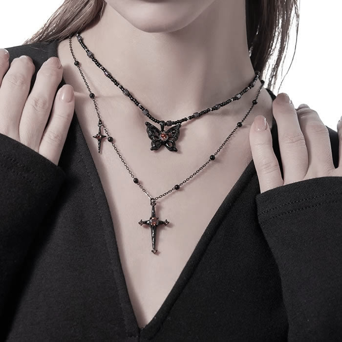 Black Two Later Butterfly & Cross Chain Necklace