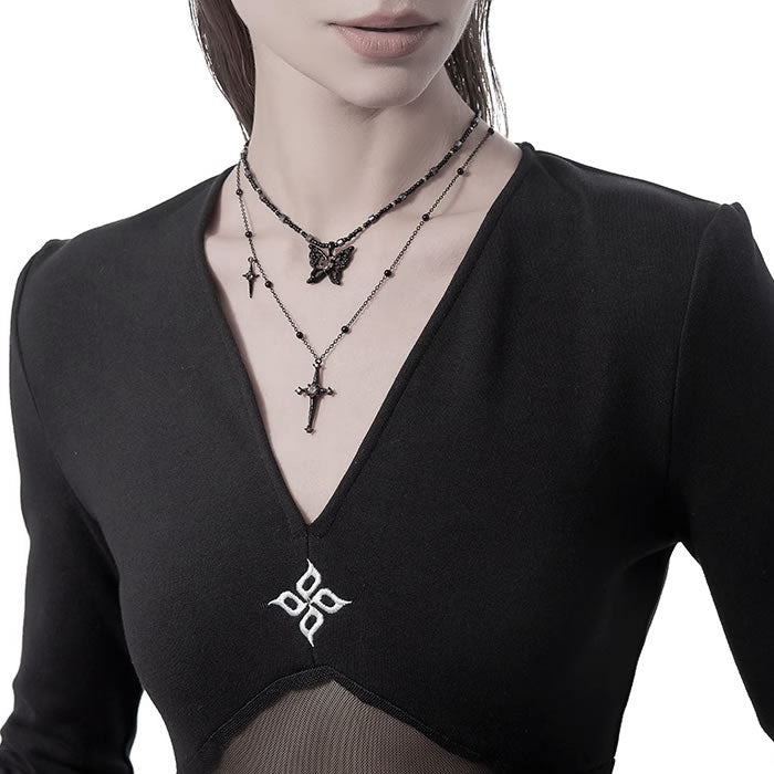 Black Two Later Butterfly & Cross Chain Necklace