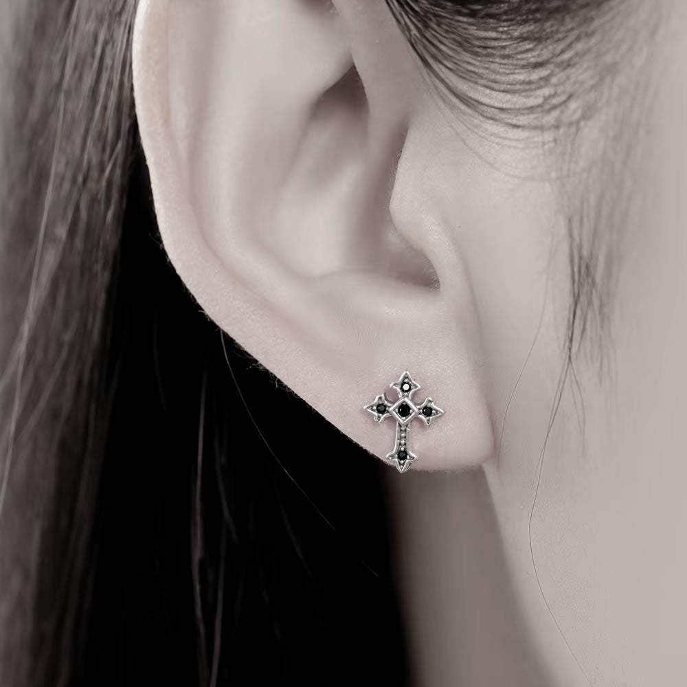 Silver Gothic Cross Stud Earrings