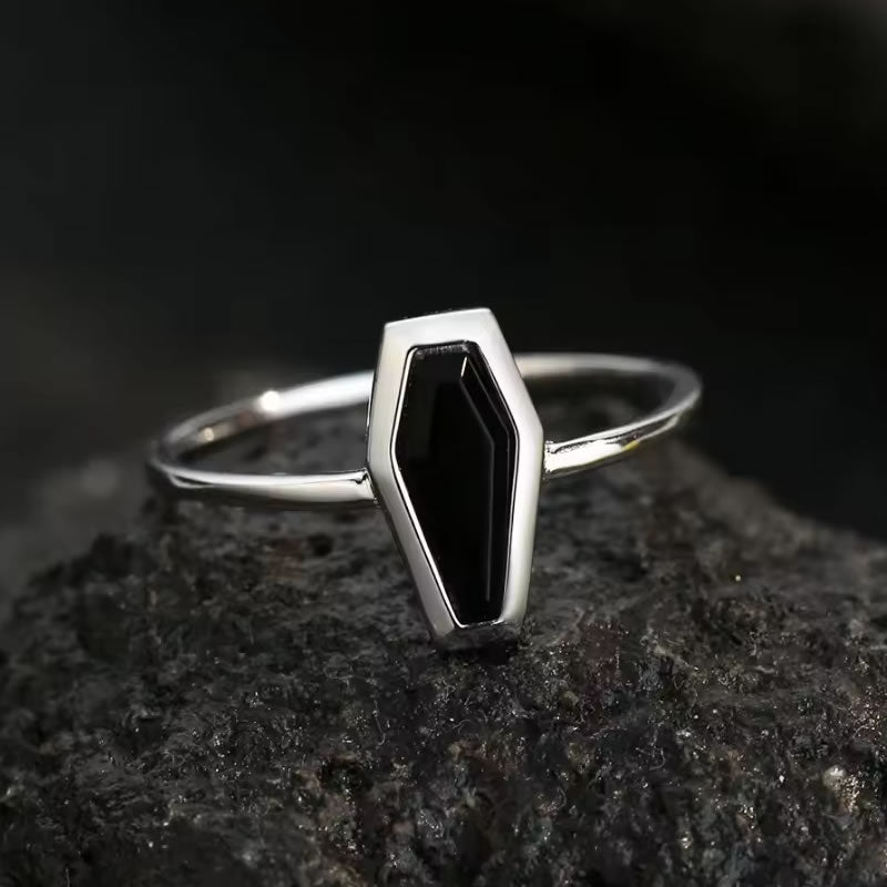 Sterling Silver Black Agate Coffin Ring