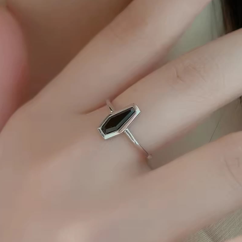 Sterling Silver Black Agate Coffin Ring