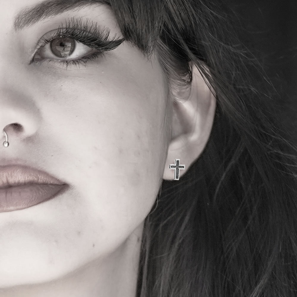 Sterling Silver Oxidised Cross Stud Earrings
