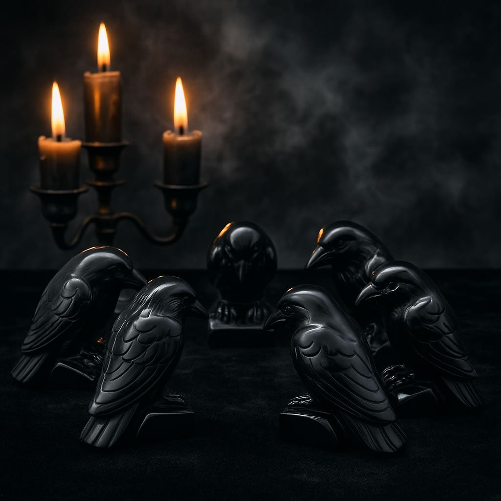 Hand Carved Black Obsidian Crow