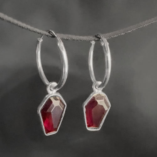 Crypt Silver Garnet Coffin Hoop Earrings