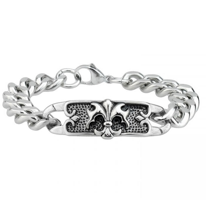 Stainless Steel Fleur-De-Lis Chunky Curb Chain Bracelet