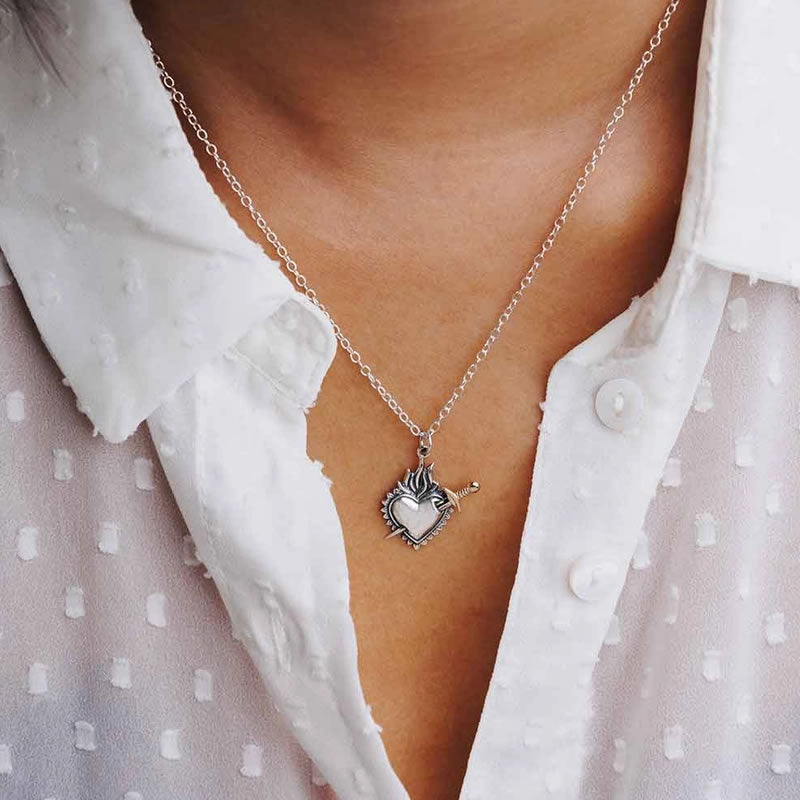 Sterling Silver Sacred Heart & Sword Necklace