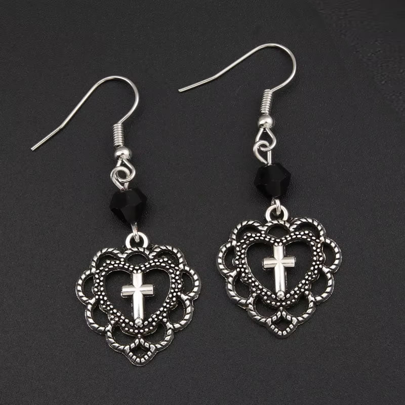 Gothic Heart & Cross Drop Earrings