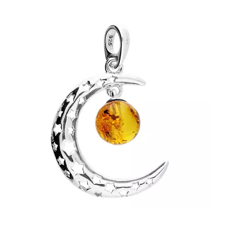 moon pendant with stars and amber