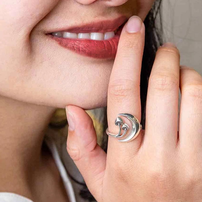 Sterling Silver Mushroom Crescent Moon Ring