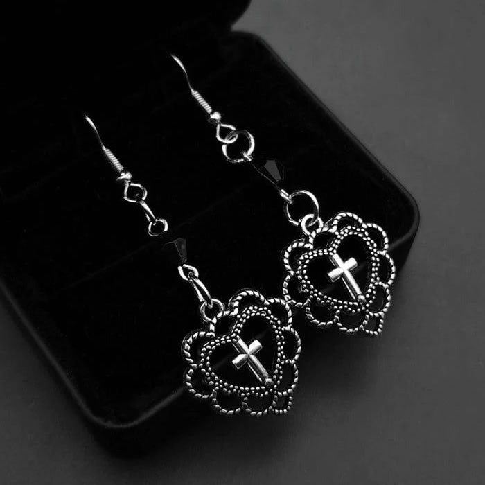 Gothic Heart & Cross Drop Earrings