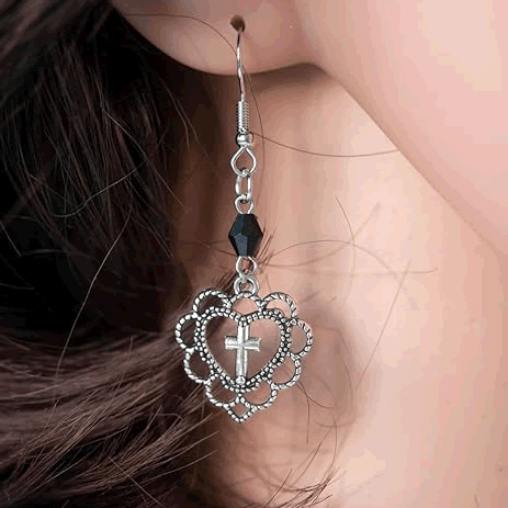 Gothic Heart & Cross Drop Earrings