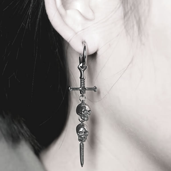 Stainless Steel Skull Sword Drop Earrings