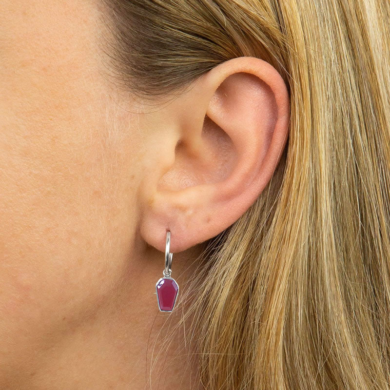 Crypt Silver Garnet Coffin Hoop Earrings