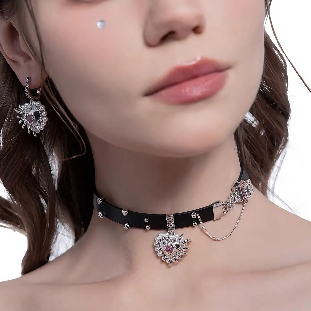 Pink & Black Chequer Heart Choker Necklace