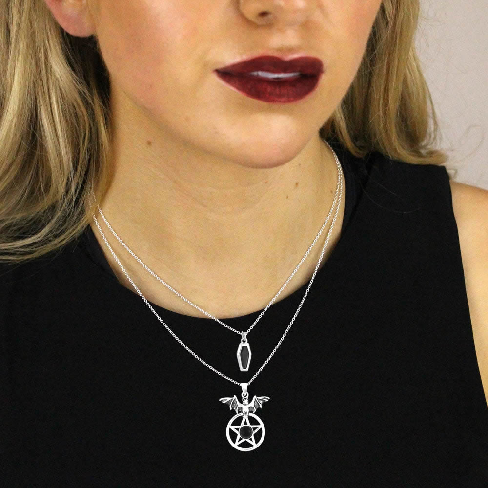 Silver Black Onyx Bat Pentacle Necklace