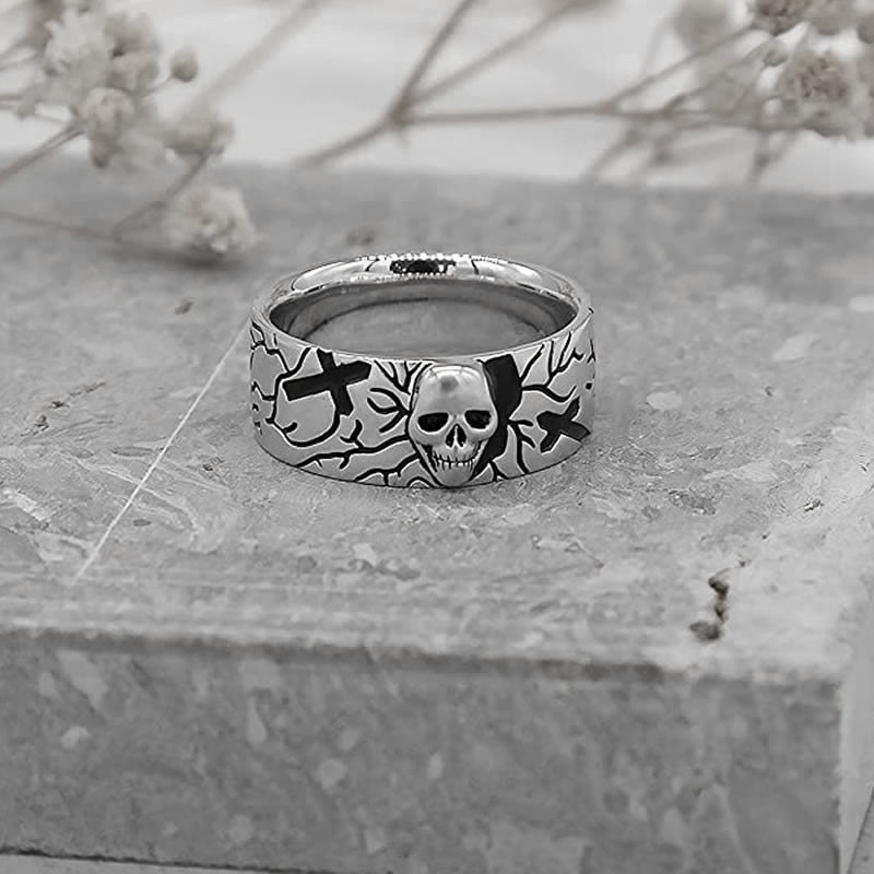 Solid Silver Oxidised Skull Band Ring