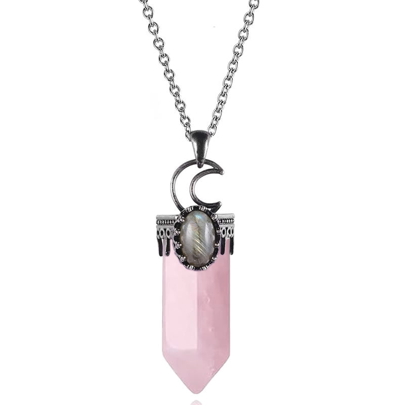 Rose Quartz Moon Crystal Point Necklace