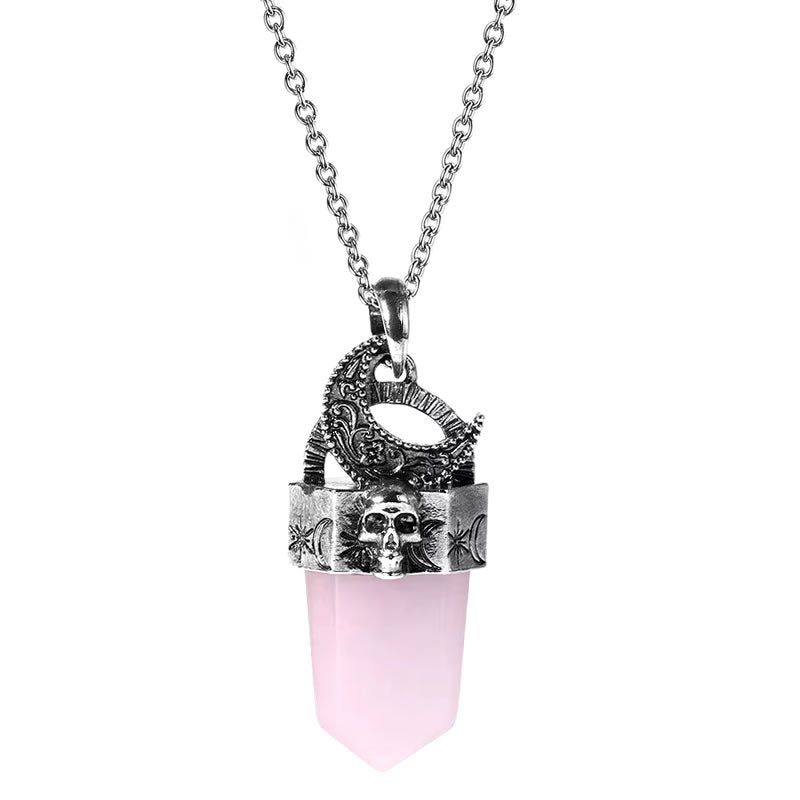 Rose Quartz Skull Moon Crystal Point Necklace