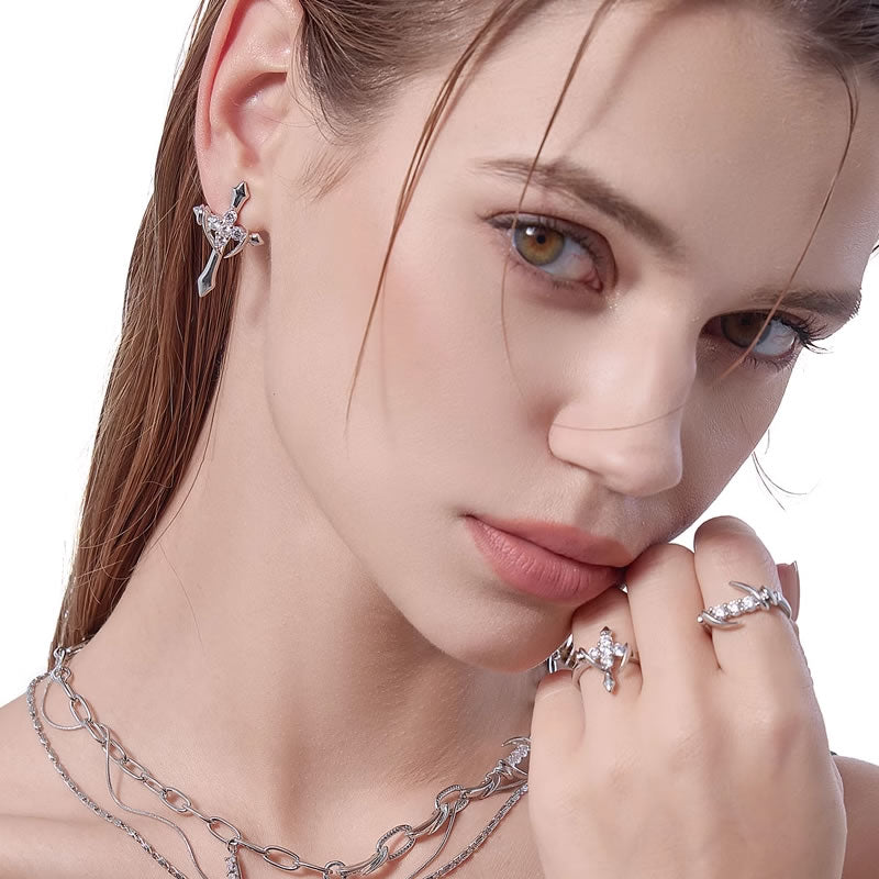 Silver Claw Wrap Large Cross Earrings