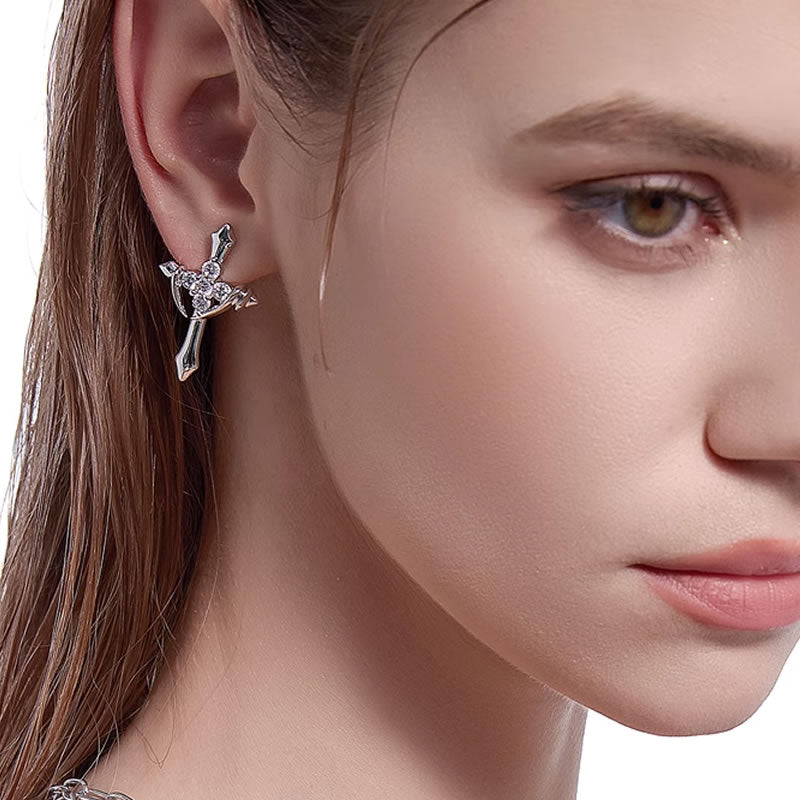 Silver Claw Wrap Large Cross Earrings