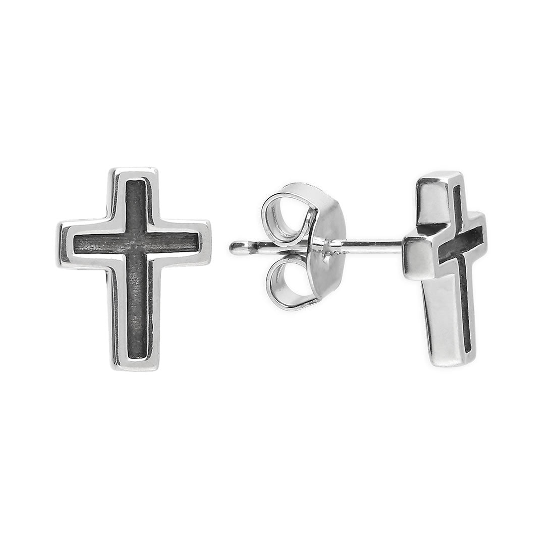 Sterling Silver Oxidised Cross Stud Earrings
