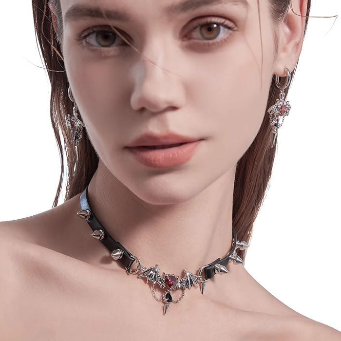 Selene Silver Demon Wing Spike Choker Necklace