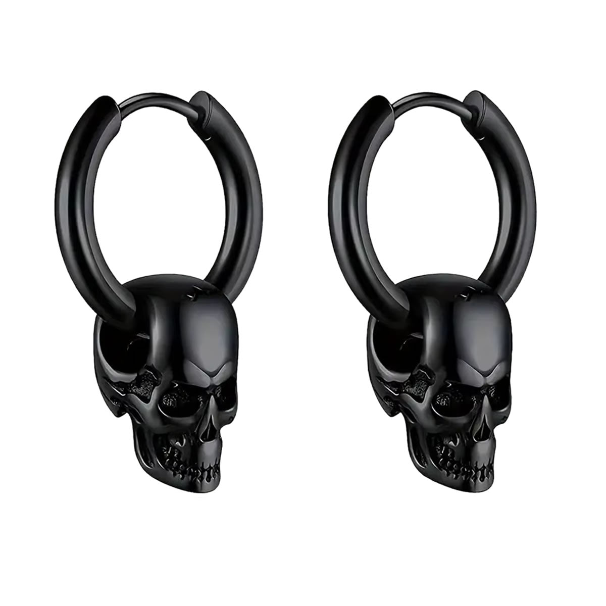 Stainless Steel Black Skull Hoop Earrings