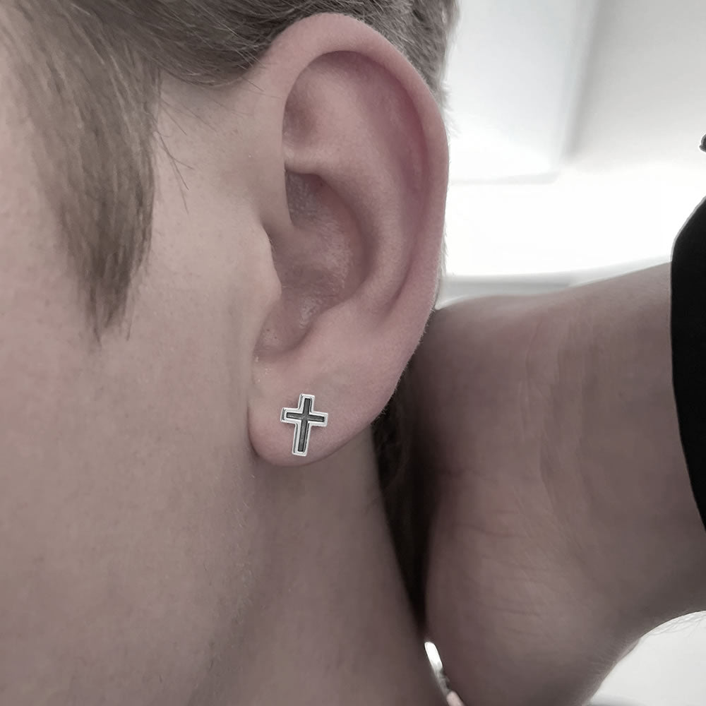 Sterling Silver Oxidised Cross Stud Earrings