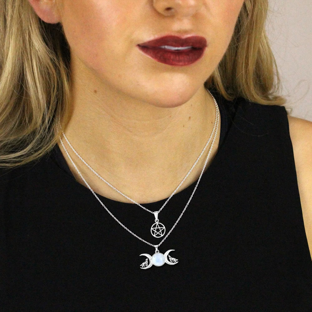 Silver Rainbow Moonstone Triple Moon Wolf Pendant