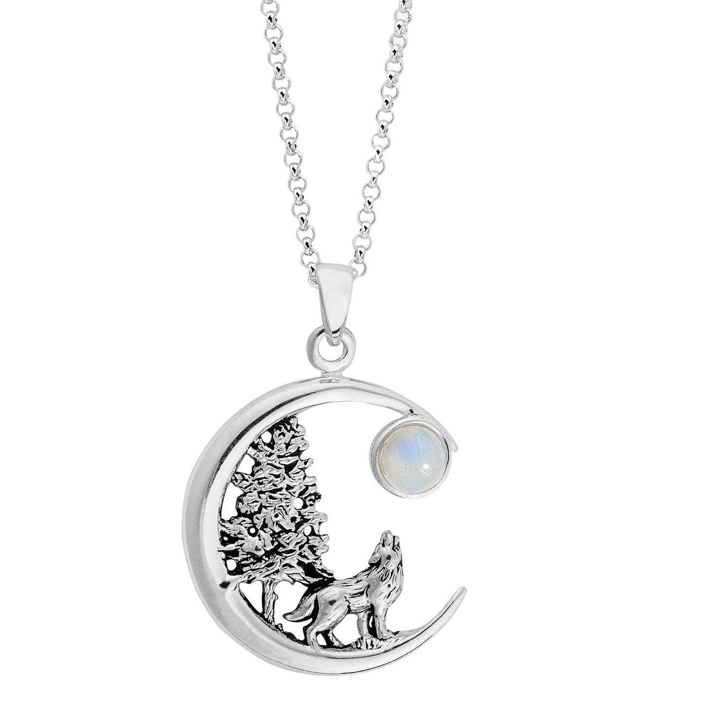 Howl at The Moon Silver Moonstone Forest Wolf Pendant