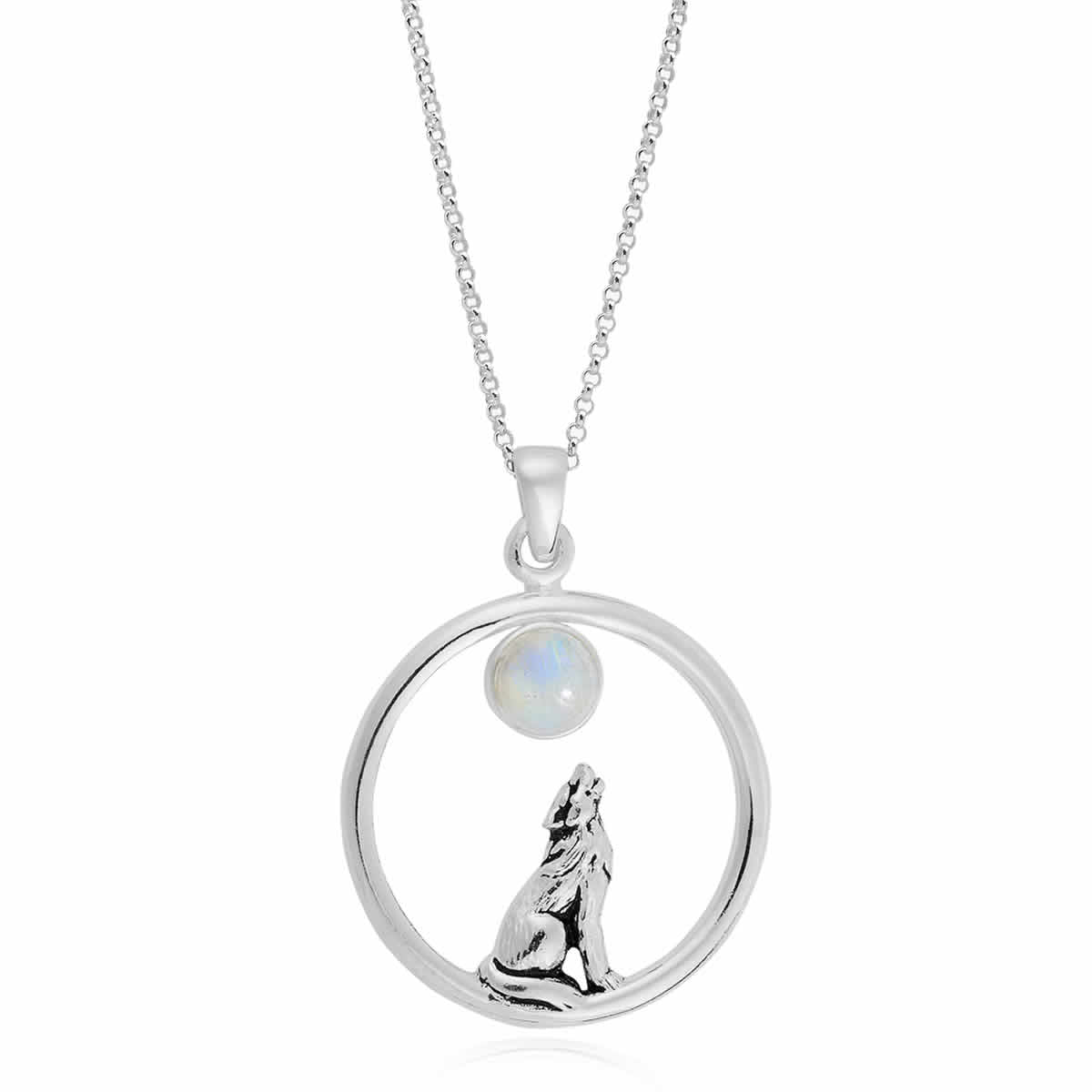Silver Moonstone Howling Wolf Pendant
