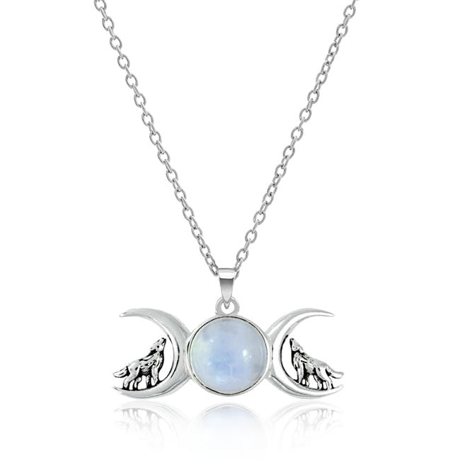 Silver Rainbow Moonstone Triple Moon Wolf Pendant