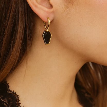 Black Stone Coffin Charm Hoop Earrings (Gold)
