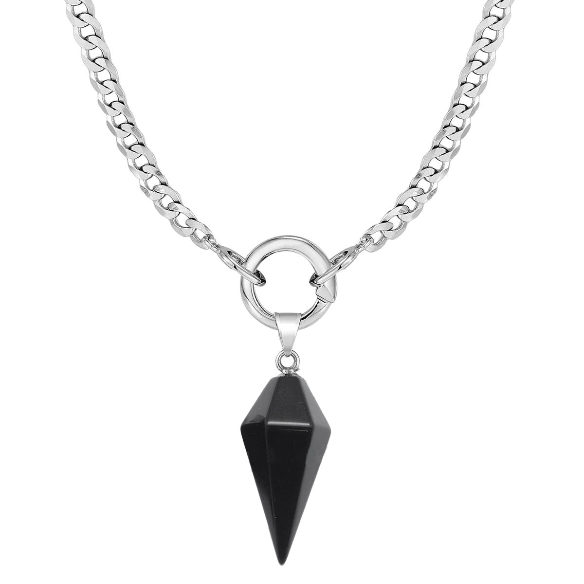 Stainless Steel Chunky Obsidian Pendulum Necklace