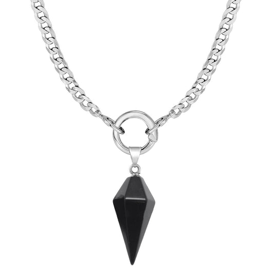 Stainless Steel Chunky Obsidian Pendulum Necklace