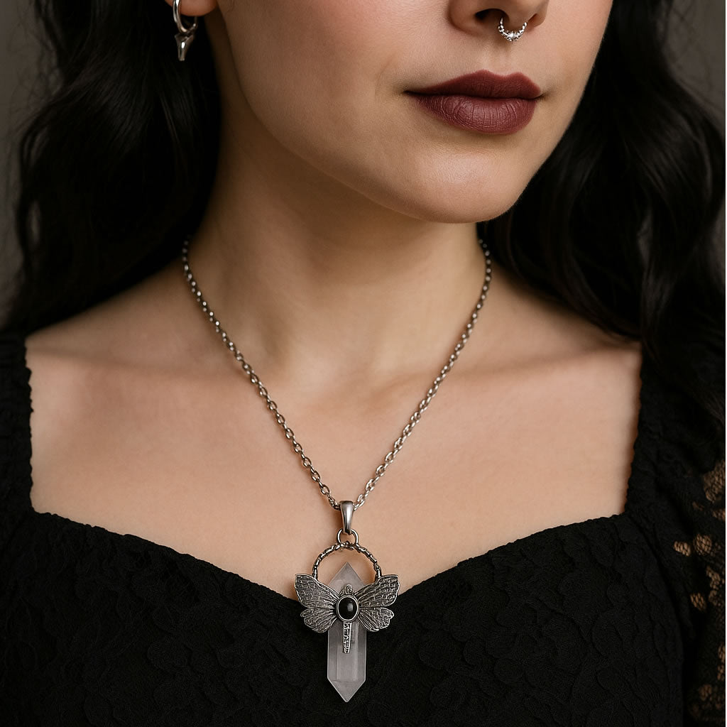 Clear Quartz Moth Crystal Point Necklace