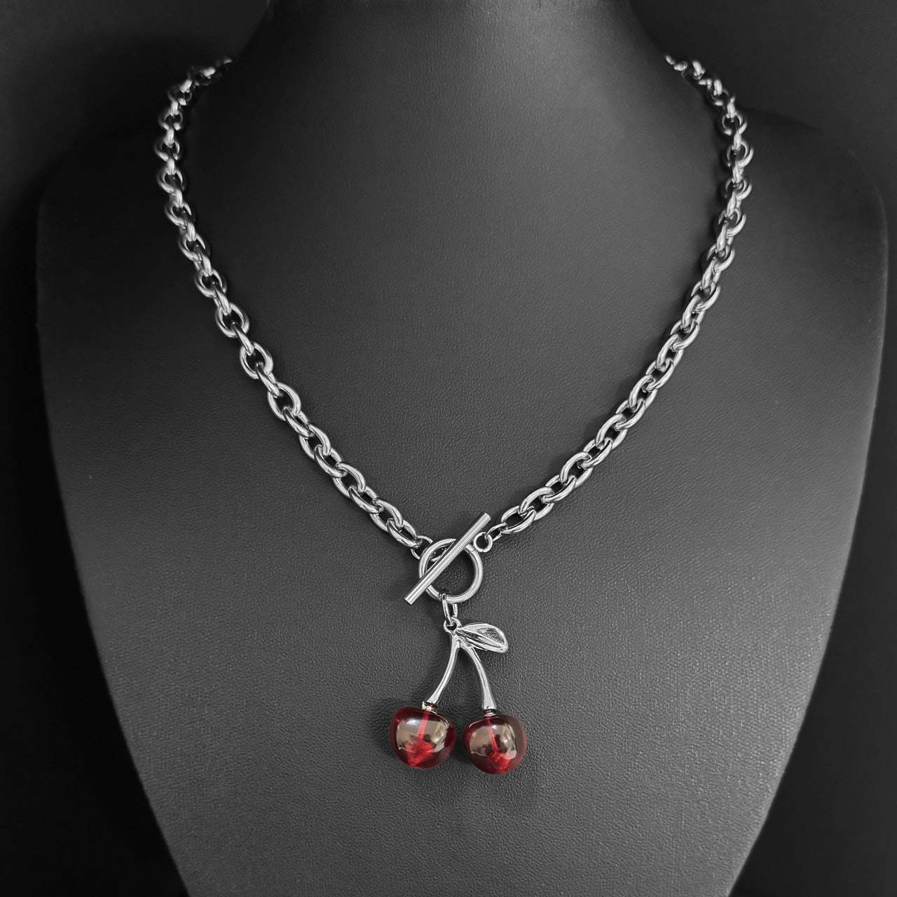 Stainless Steel Red Cherry T-Bar Necklace